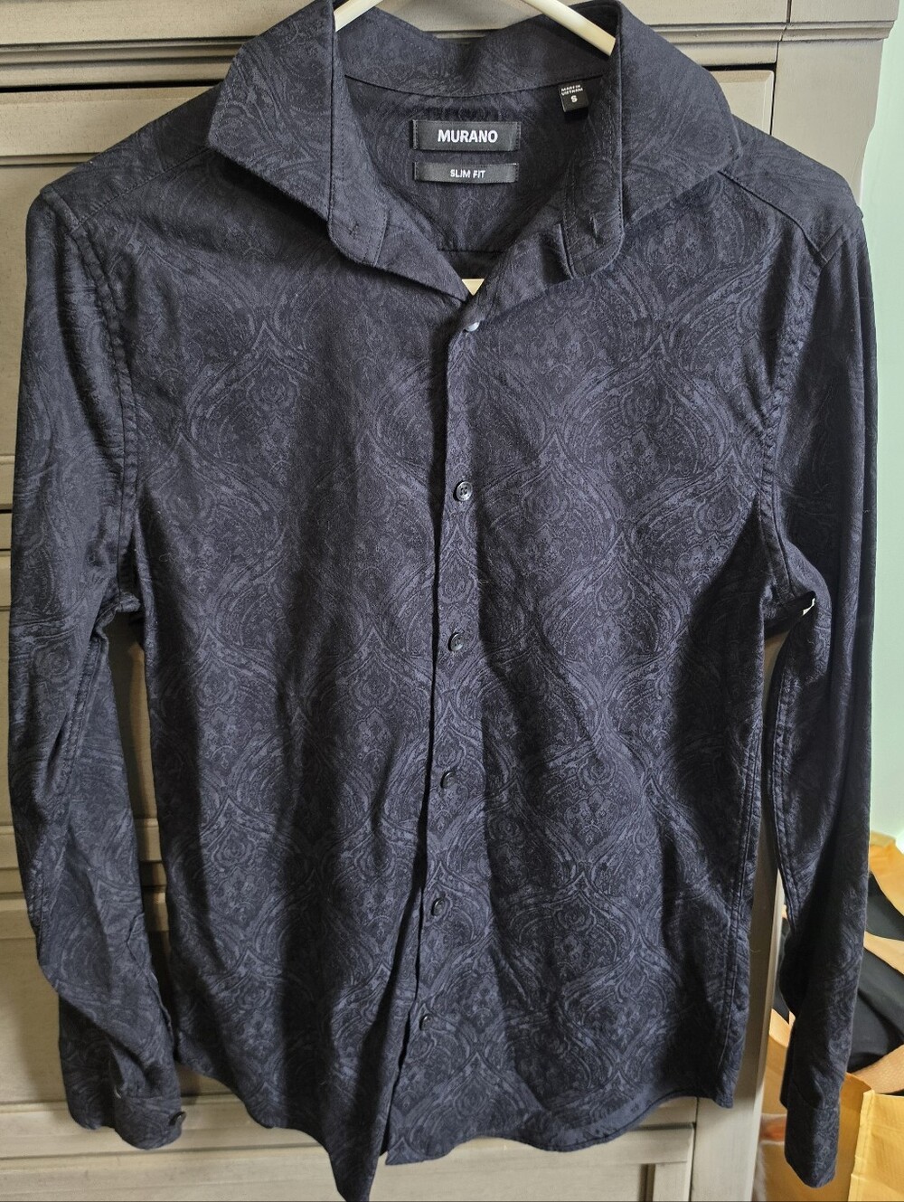 Murano Slim Fit Paisley-Textured Long Sleeve Navy Shirt